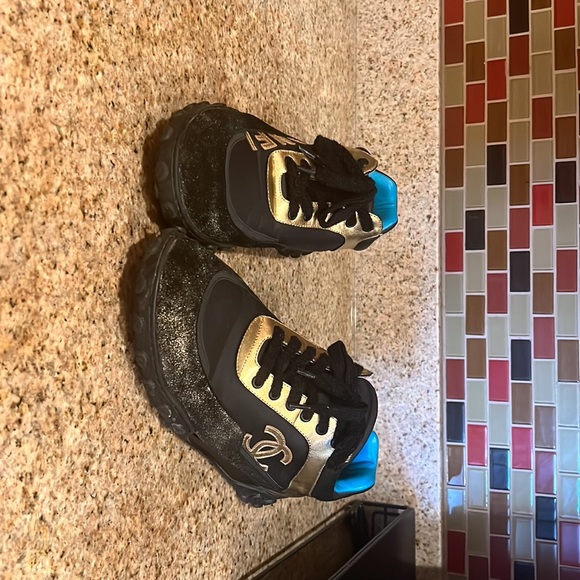 black, gold, and teal chanel sneakers - Picture 5 of 5